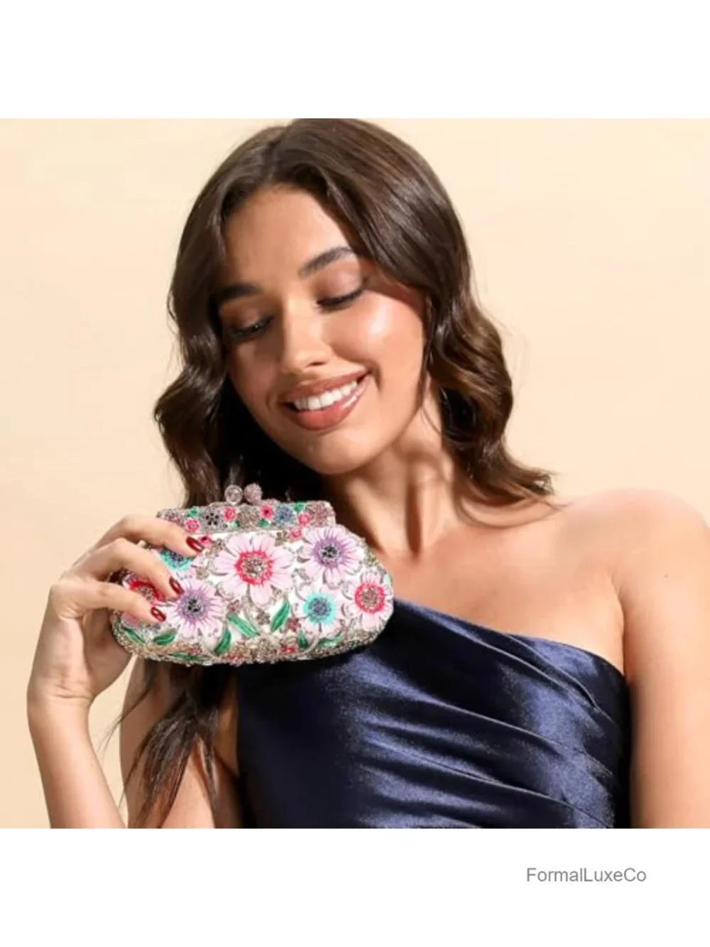 Flower Rhinestone Clutch Purse with Chain Straps Evening Bag